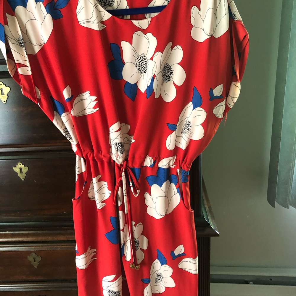 Umi Red Floral Print Dress with Blue Accents